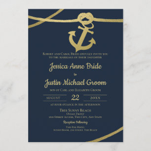 Rope Anchor Gold und Navy Blue Wedding Einladung