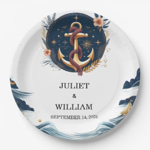 Rope Knot Boat Ship Navy Blue Nautical Wedding Pappteller