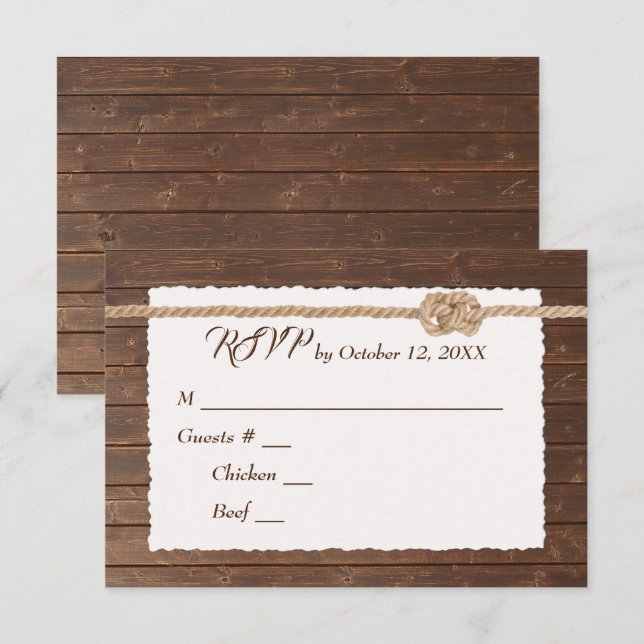 Rope Knot on Wood Wedding RSVP Karte (Vorne/Hinten)