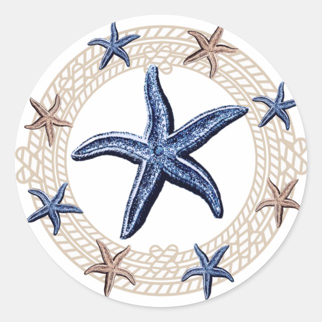 Rope Wreath Nauavy Blue White Tan Starfish Runder Aufkleber (Vorderseite)