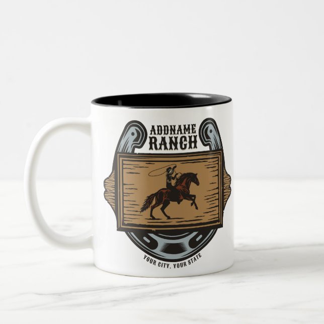 Roping Cowboy ADD NAME Western Family Horse Ranch Zweifarbige Tasse (Links)