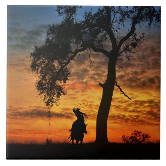 Roping Cowboy mit Reittier Country Western Fliese (Vorderseite)