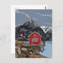 Rorbu Lofoten Bergen Norwegen Landschaftsbild Illu Postkarte