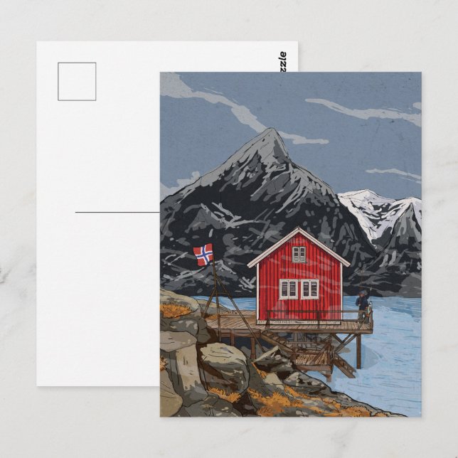 Rorbu Lofoten Bergen Norwegen Landschaftsbild Illu Postkarte (Vorne/Hinten)