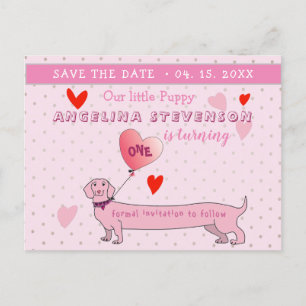 Rosa 1. Geburtstag Mädchen Save The Date Ankündigungspostkarte