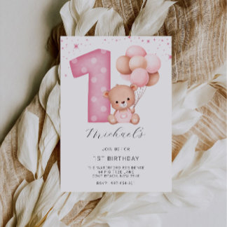 Rosa 1. Geburtstag, Teddybär Einladung