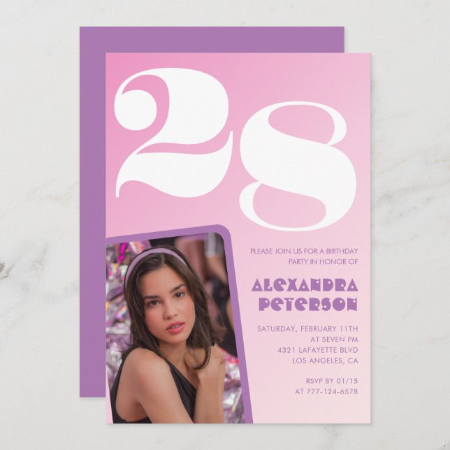 Rosa 28. Geburtstagseinladungen Retro Foto Einladung (Vorne/Hinten)