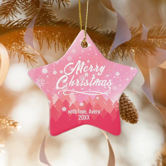 Rosa 2-seitige Friedliche Snow Forest Weihnachtsst Keramik Ornament (Von Creator hochgeladen)