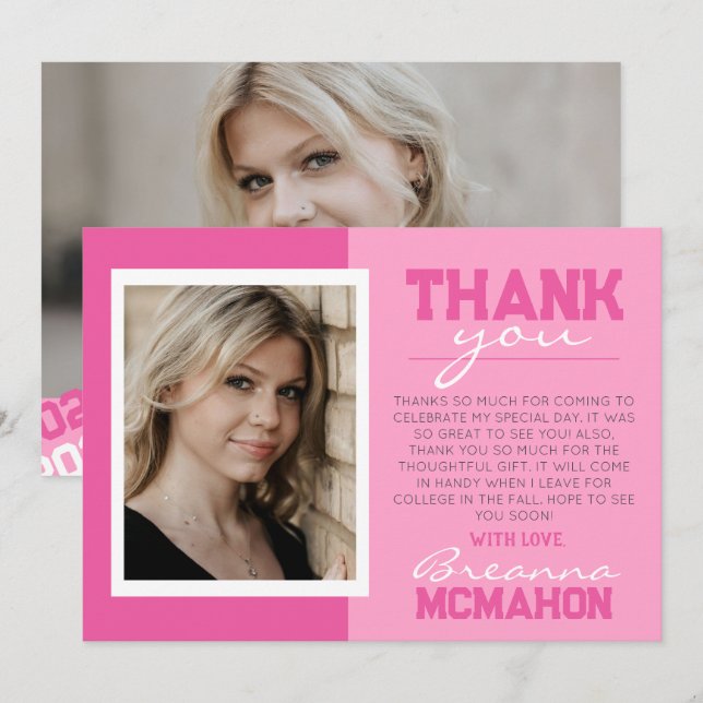 Rosa 2 Tonne Abschluss 2 Foto Danke Karte (Vorne/Hinten)