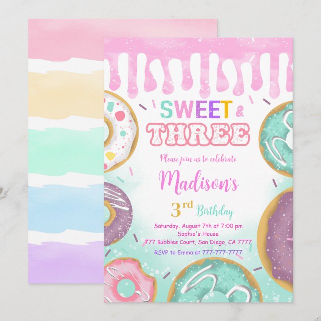 Rosa 3. Geburtstag Donut Party Einladung (Vorne/Hinten)