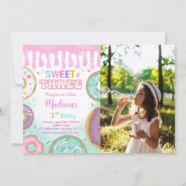 Rosa 3. Geburtstag Donut Party Foto Einladung
