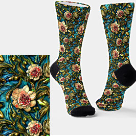 Rosa 3D-Blume Grüne Blätter auf blau Socken