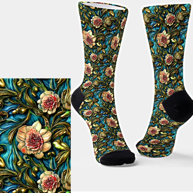 Rosa 3D-Blume Grüne Blätter auf blau Socken (Von Creator hochgeladen)