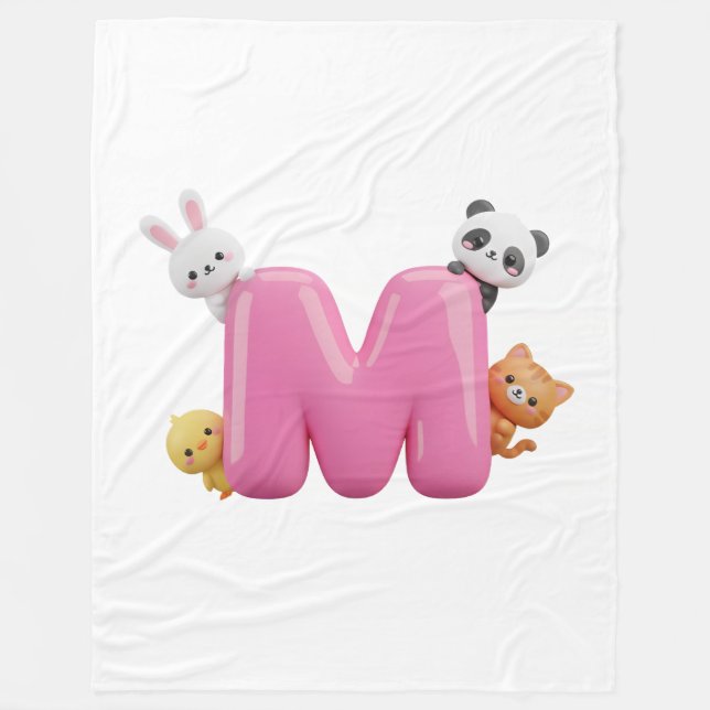 Rosa 3D-Buchstabe M-Fleece-Wurfdecke mit Tieren Fleecedecke (Vorderseite)