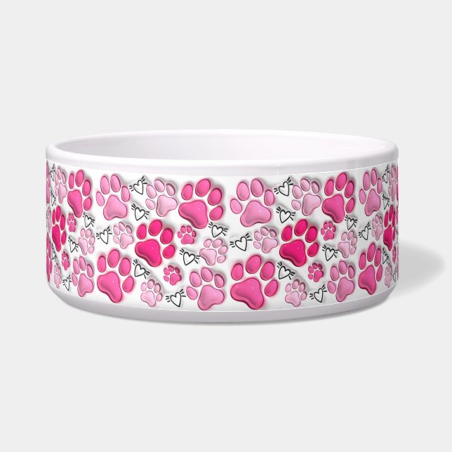 Rosa 3D Paw Prints and Hearts Cat Dog Water Food Napf (Vorderseite)