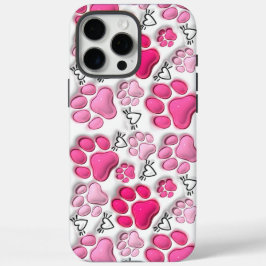 Rosa 3D Paw Prints und Herz iPhone 16 Tough Pro Max Hülle
