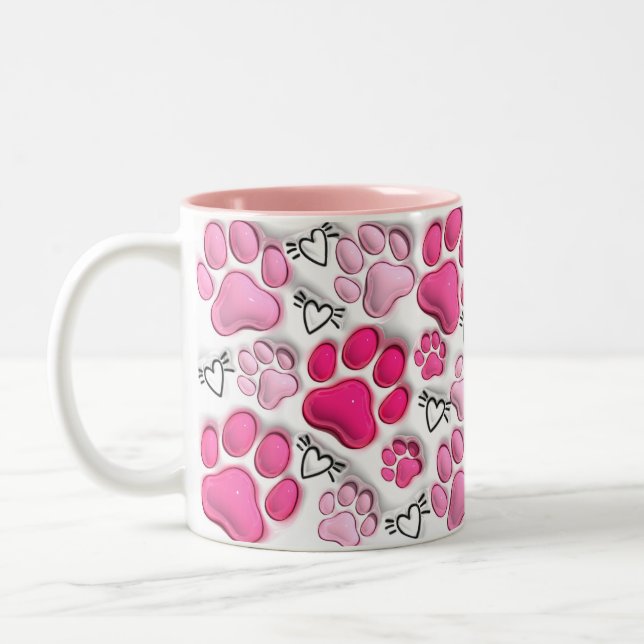 Rosa 3D-Paw-Prints und -Herzen Zweifarbige Tasse (Links)
