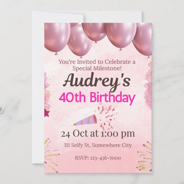 Rosa 40. Geburtstag Thema Einladung (Vorderseite)