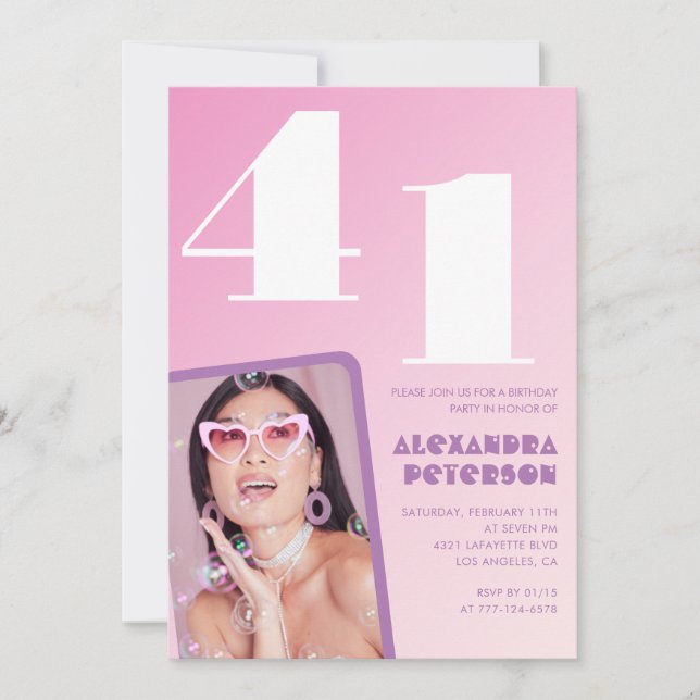 Rosa 41. Geburtstagseinladungen Retro Foto Einladung (Vorderseite)
