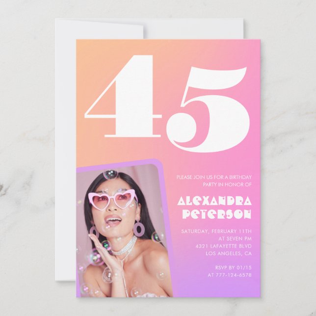 Rosa 45. Geburtstagseinladungen Retro Foto Einladung (Vorderseite)