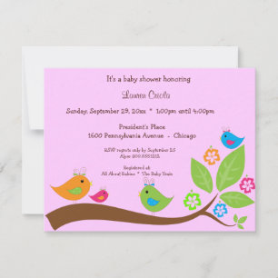 Rosa 4 Birdies und Blume Kinderdusche Einladung