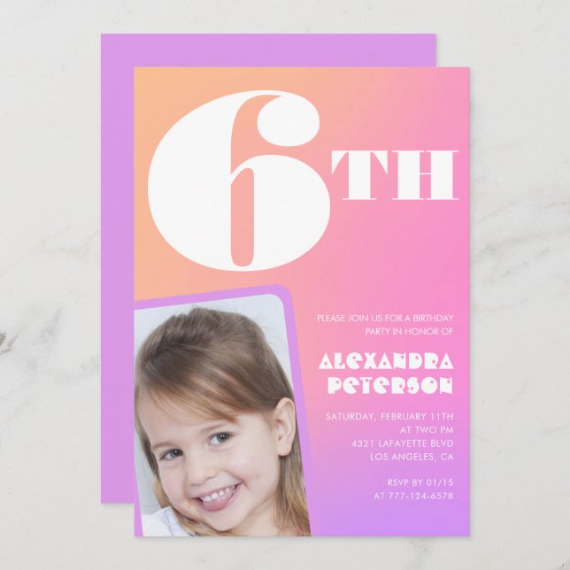 Rosa 6. Geburtstagseinladungen Farbvolles Foto Einladung (Vorne/Hinten)