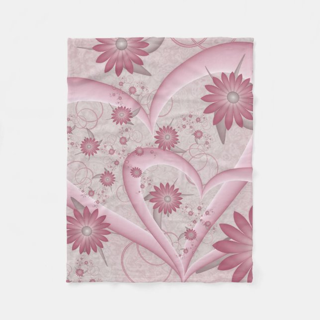 Rosa Abstrakte Herzen & Blume Liebe Fraktal Art Fleecedecke (Vorderseite)