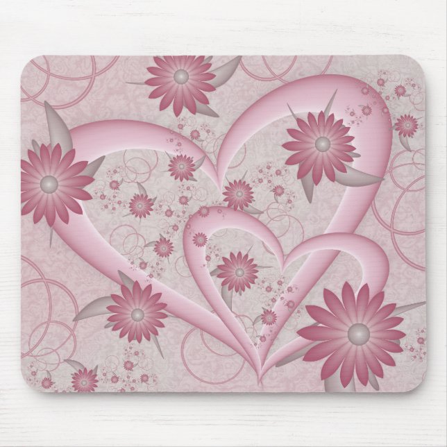 Rosa Abstrakte Herzen & Blume Liebe Fraktal Art Mousepad (Vorne)