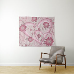 Rosa Abstrakte Herzen & Blume Liebe Fraktal Art Wandteppich