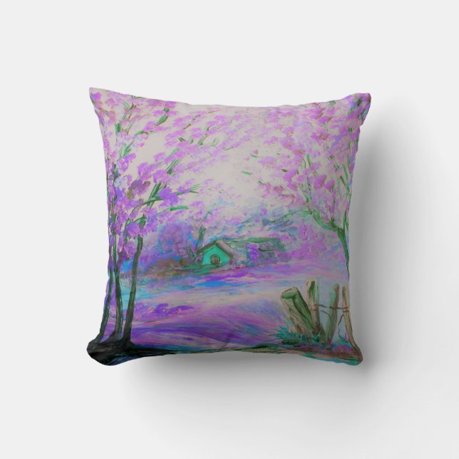 Rosa abstrakte Landschaft mit Bäumen und Hütte Kissen (Vorderseite)