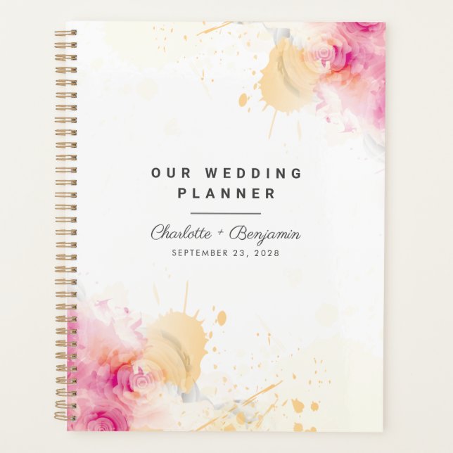 Rosa abstrakte Zukunft Mr Mrs Pink Bisque Hochzeit Planer (Vorderseite)