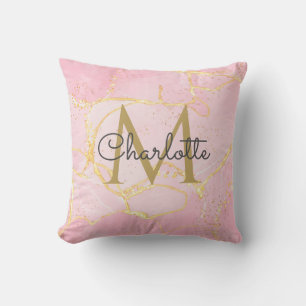 Rosa Achat-Geode Gold-Monogramm Elegantes Skript  Kissen