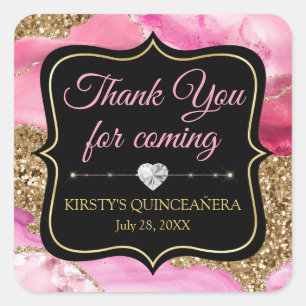 Rosa Achat-Geoden-Scheiben und Gold-Glitter Quince Quadratischer Aufkleber