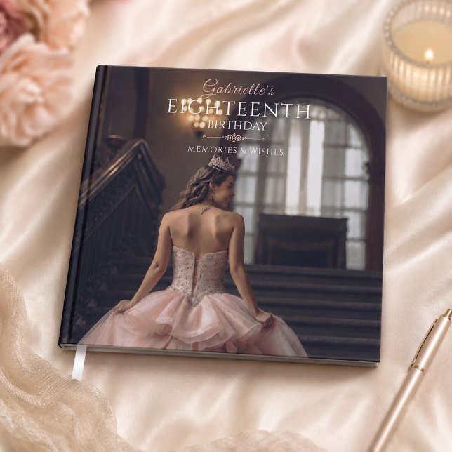 Rosa achtzehnte Geburtstagserinnerungen Gästebuch (Blush pink 18th birthday memories book featuring a dreamy ballroom-inspired keepsake cover.)