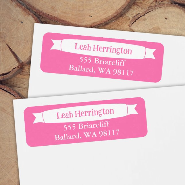 Rosa Adressetikett mit dekorativem Banner (Pink return address labels for envelopes, decorative banner ribbon)