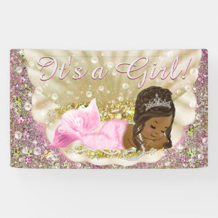 Rosa Afroamerikanischer Meerjungfrau-Baby-Shower-B Banner