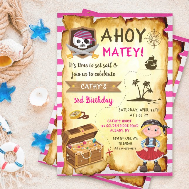Rosa Ahoy Schatzkarte Girl's Pirate Birthday Einladung (Von Creator hochgeladen)