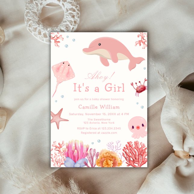 Rosa Ahoy unter dem Meer Dolphin Girl Babydusche Einladung (Pink Ahoy Under The Sea Dolphin Girl Baby Shower Invitation)