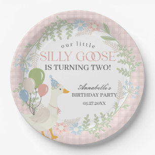 Rosa Albern Gänse Floral Gingham Birthday Pappteller