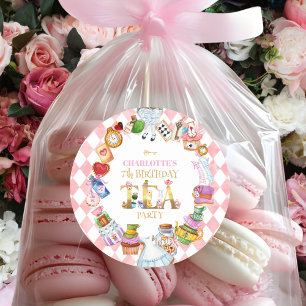 Rosa Alice im Wunderland 7. Geburtstag Runder Aufkleber