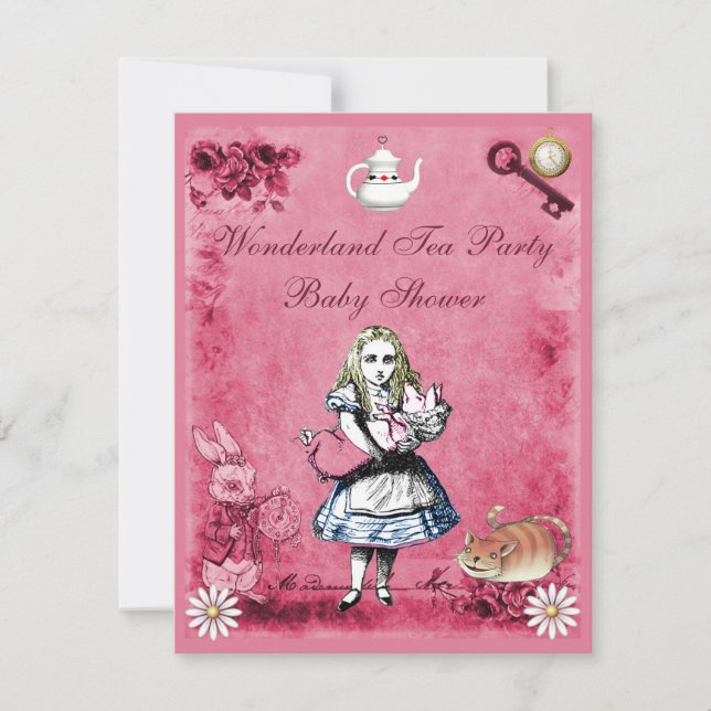 Rosa Alice im Wunderland Tea Party Babydusche Einladung (Vorderseite)
