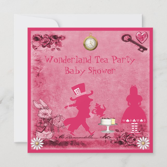 Rosa Alice im Wunderland Tea Party Babydusche Einladung (Vorderseite)