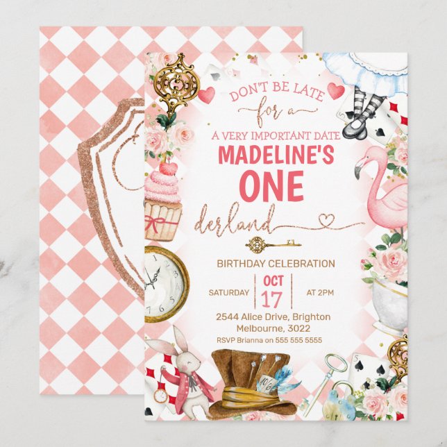 Rosa Alice in Onederland Einladung zum 1. Geburtst (Vorne/Hinten)