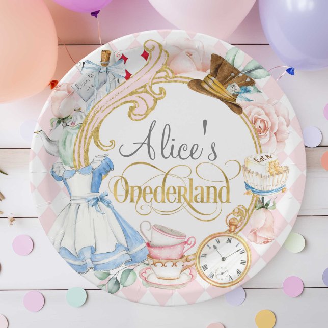 Rosa, Alice Onederland, Mädchen 1. Geburtstag Pappteller (Pink, Alice Onederland, girl 1st birthday, Mad hatter tea party birthday paper plate.)