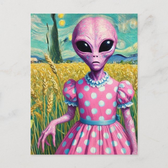 Rosa Alien in einem Polka Dotdress im Weizenfeld Postkarte (Vorderseite)