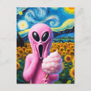 Rosa Alien mit Cotton Candy Sunflowers Postkarte