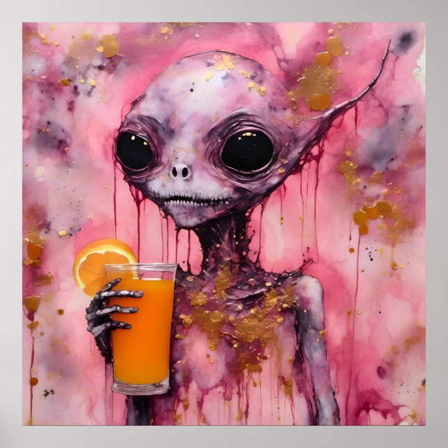 Rosa Alien mit einem Orangensaft Poster (Vorne)