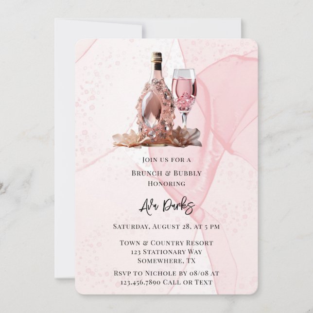 Rosa Alkohol Tinte Diamond Champagner Brunch & Bub Einladung (Vorderseite)