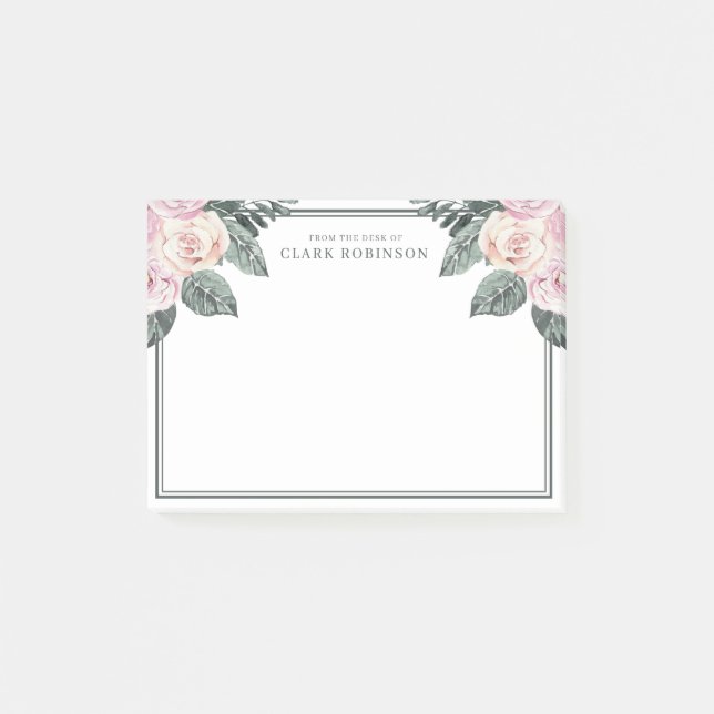 Rosa am Schreibtisch mit Rose in Aquarelltönen Post-it Klebezettel (Vorderseite)