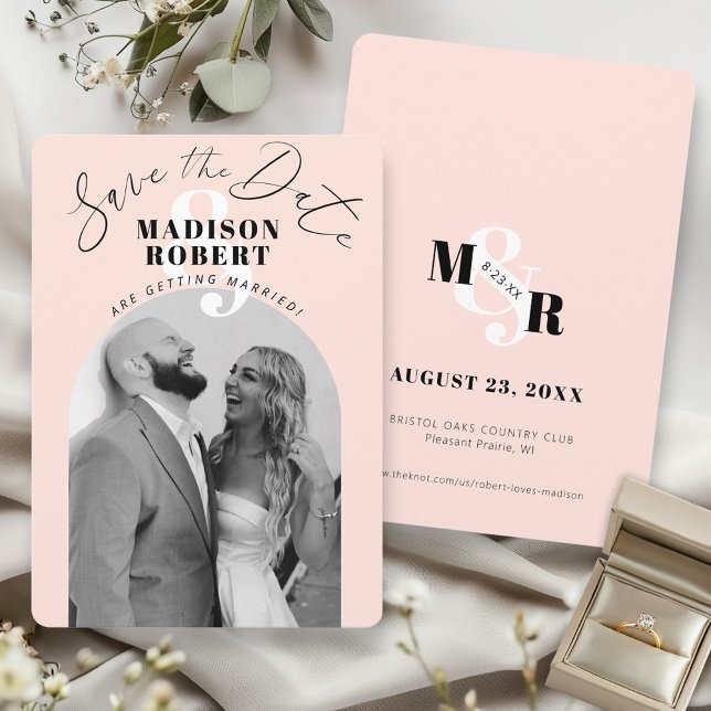Rosa Ampersand Schwarz-Weiß-Foto-Hochzeit Save The Date (Unique Blush pink ampersand monogram black and white arch photo modern wedding save the date card)